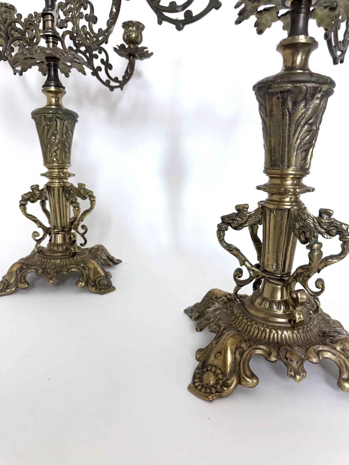 Antique Brass Five-Arm Candelabra Pair