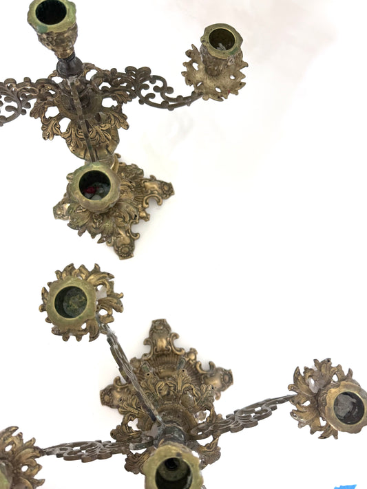 Antique Brass Five-Arm Candelabra Pair
