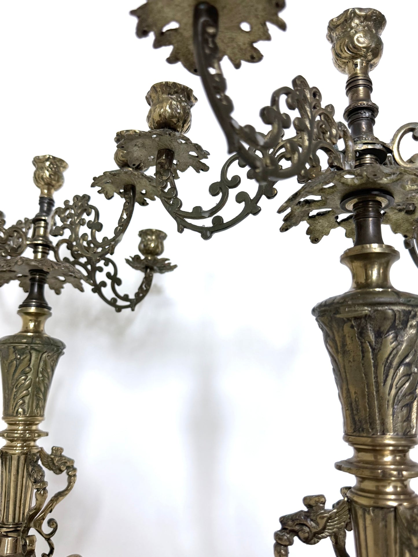 Antique Brass Five-Arm Candelabra Pair