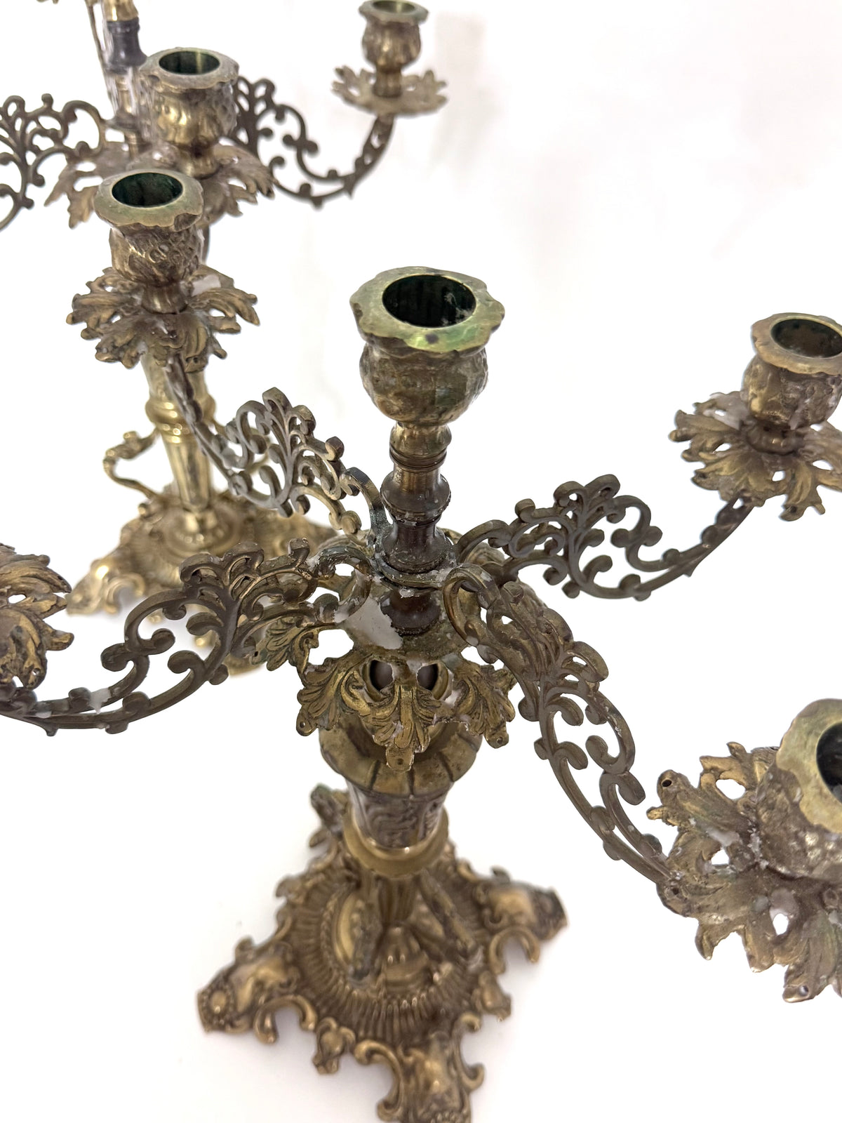 Antique Brass Five-Arm Candelabra Pair