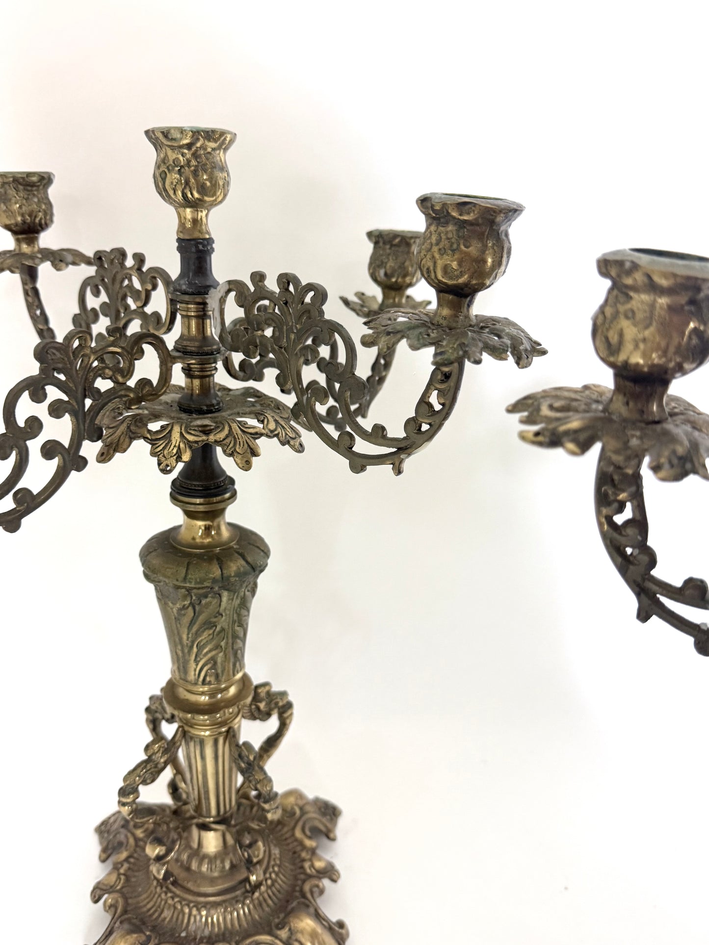 Antique Brass Five-Arm Candelabra Pair