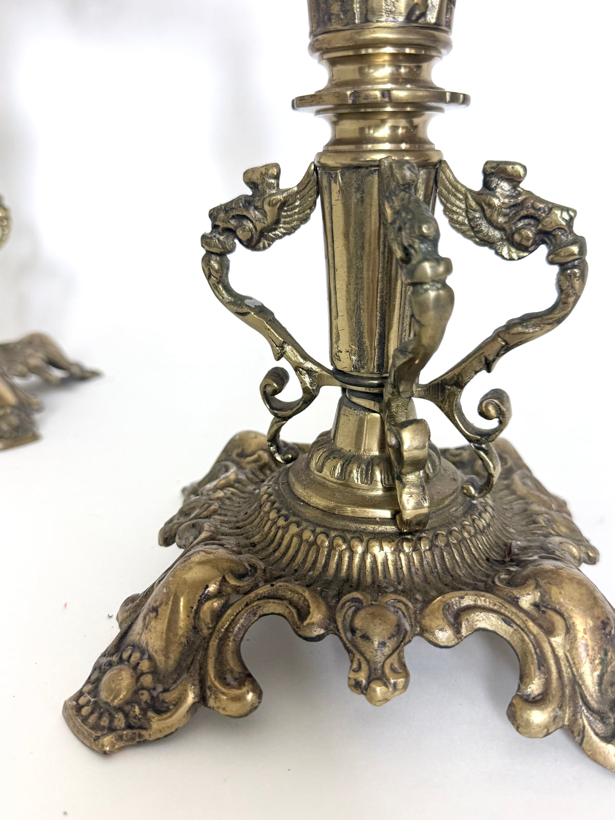 Antique Brass Five-Arm Candelabra Pair