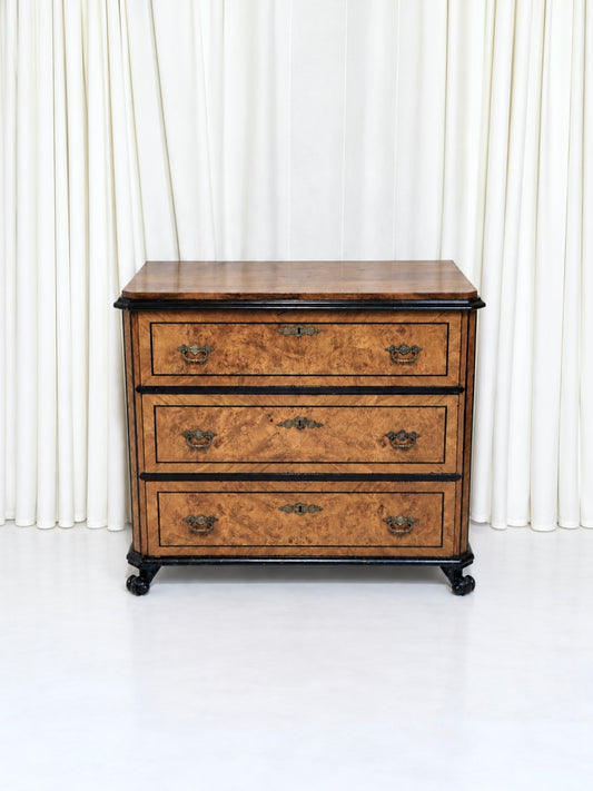 Swedish Biedermeier-Style Burl Birch Chest of Drawers, Ebonized Accents, 19th Century